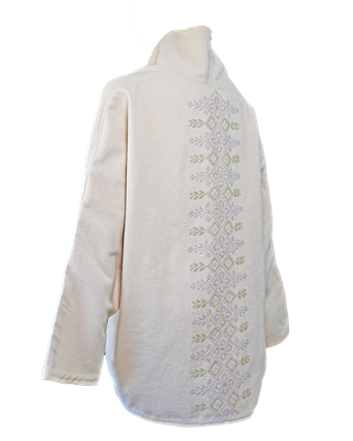 The Round Jacket in White With Pastel Embroidery and White Trim