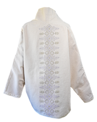 The Round Jacket in White With Pastel Embroidery and White Trim