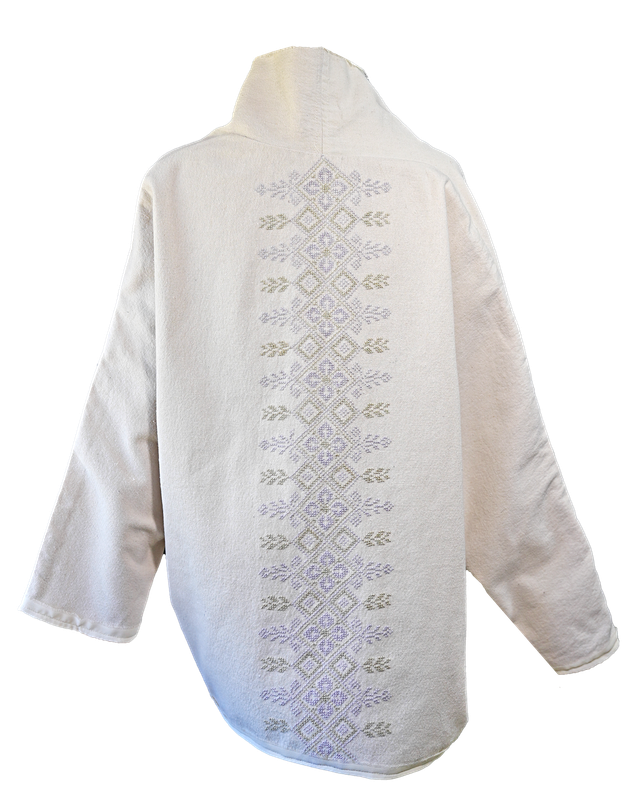 The Round Jacket in White With Pastel Embroidery and White Trim