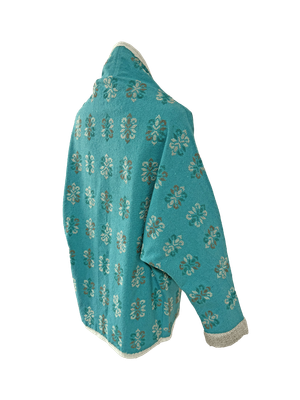 The Heavily Embroidered Round Jacket in Turquoise with White Trim