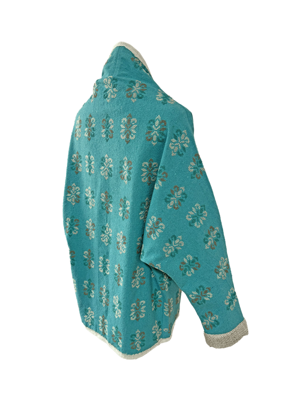 The Heavily Embroidered Round Jacket in Turquoise with White Trim