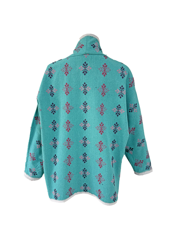 The Heavily Embroidered Round Jacket in Turquoise with Purple Embroidery