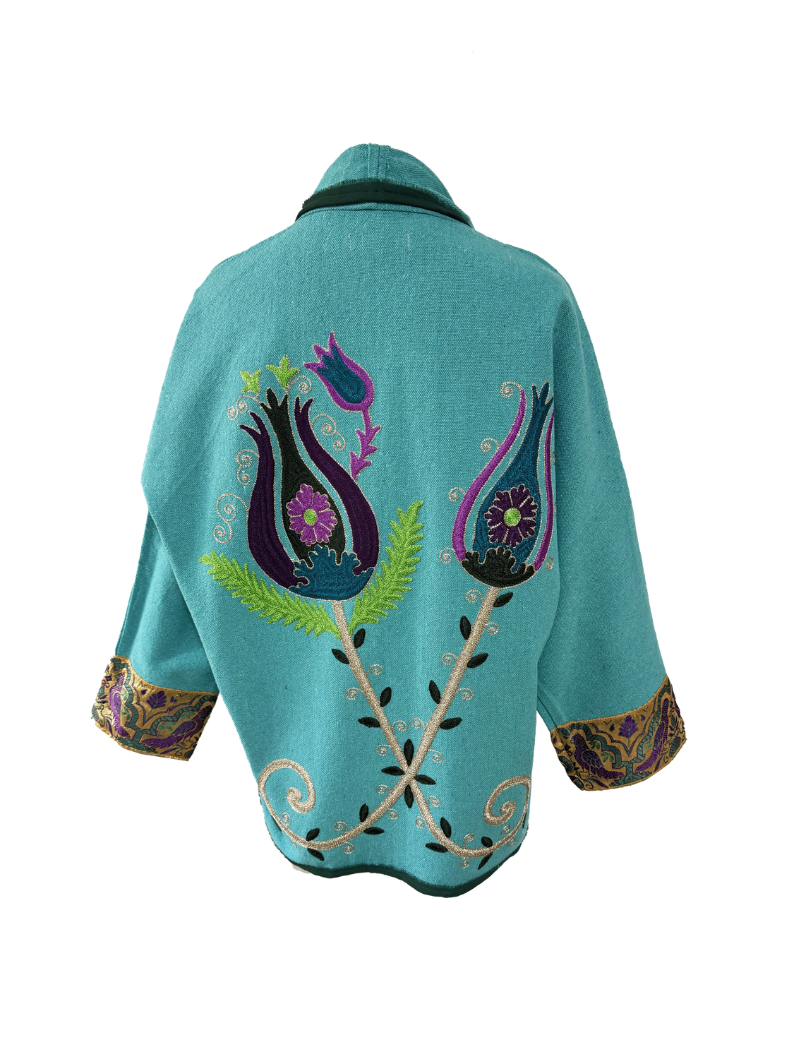 The Turquoise Round Jacket With Purple Aghabani Embroidery, Green Trim and Gold Cuffs