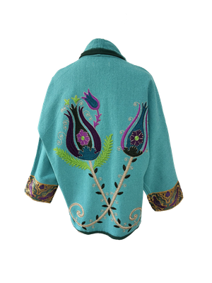 The Turquoise Round Jacket With Purple Aghabani Embroidery, Green Trim and Gold Cuffs