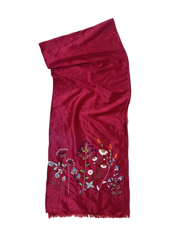 Nadia Dajani x UNHCR Embroidered Flower Scarf in Red Silk