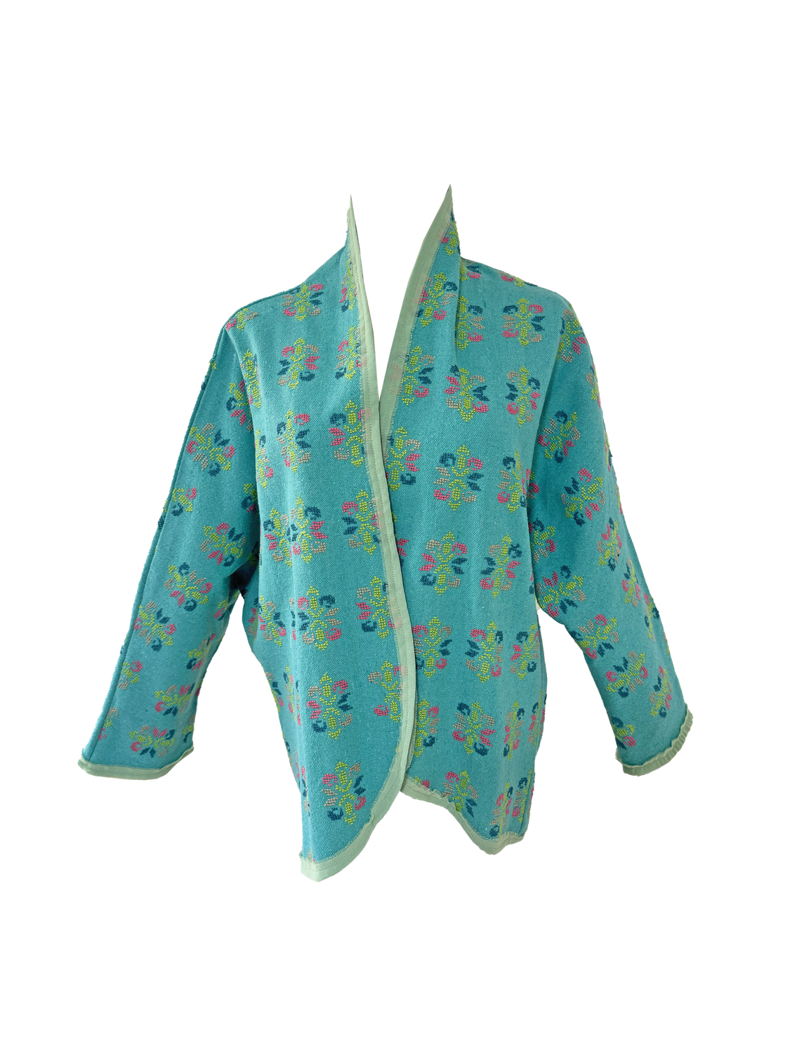 The Heavily Embroidered Round Jacket in Turquoise with Green Embroidery