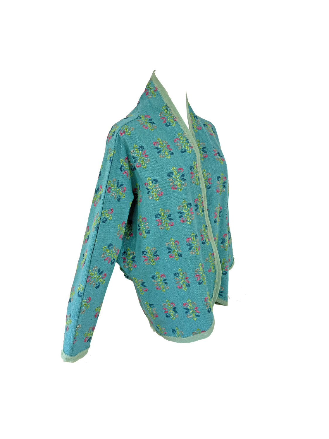 The Heavily Embroidered Round Jacket in Turquoise with Green Embroidery