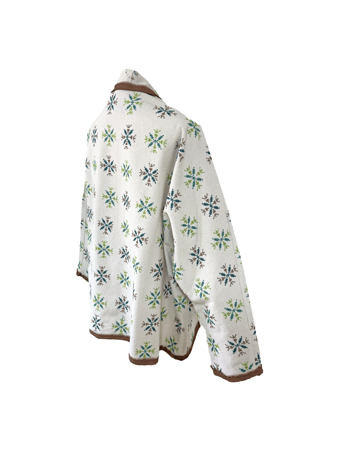 The Heavily Embroidered Round Jacket in White with Brown Trim