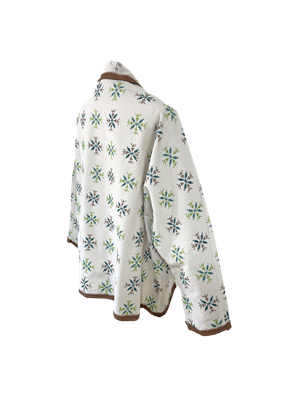 The Heavily Embroidered Round Jacket in White with Brown Trim