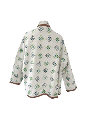 The Heavily Embroidered Round Jacket in White with Brown Trim