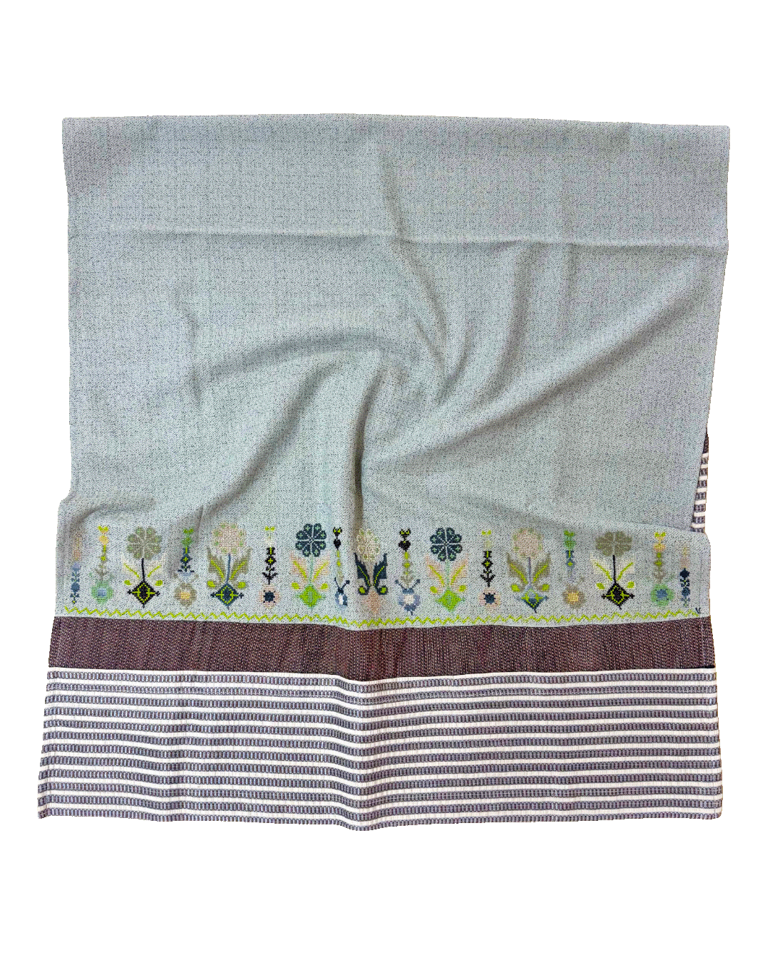 Hand Embroidered Scarf with Saya Trim in Mint Green
