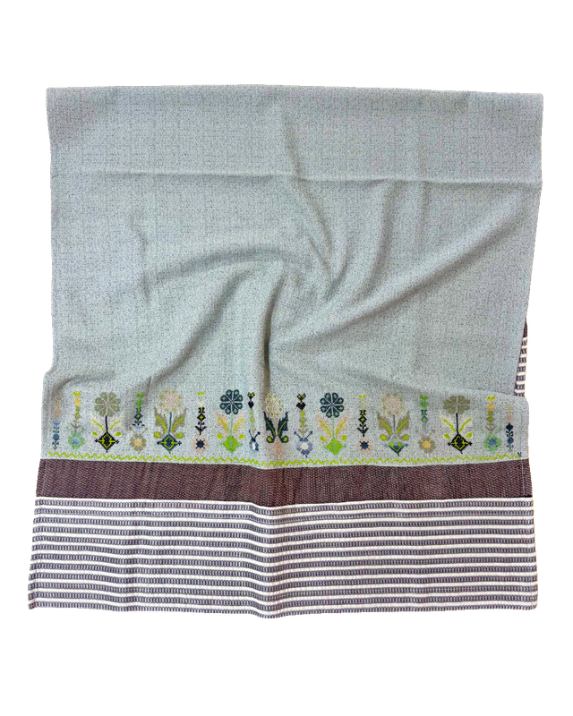 Hand Embroidered Scarf with Saya Trim in Mint Green