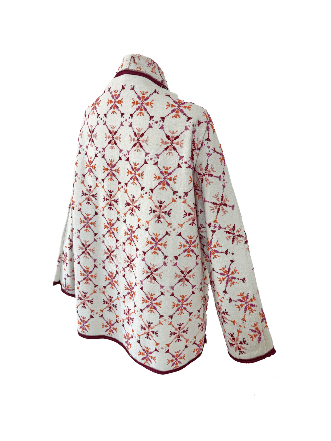 The Heavily Embroidered Round Jacket in White with Pink Trim