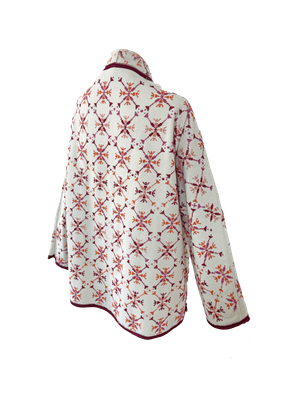 The Heavily Embroidered Round Jacket in White with Pink Trim