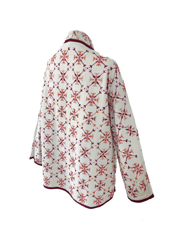 The Heavily Embroidered Round Jacket in White with Pink Trim
