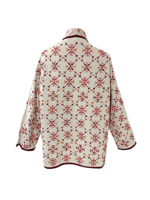 The Heavily Embroidered Round Jacket in White with Pink Trim