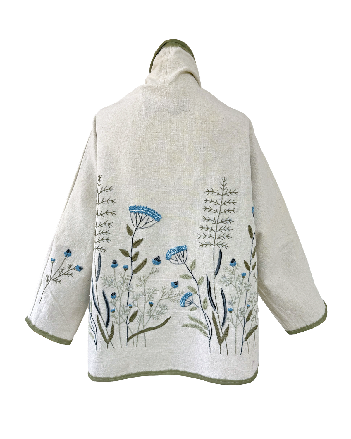 Nadia Dajani x UNHCR Abstract Floral Round Jacket with Olive Green Trim in White