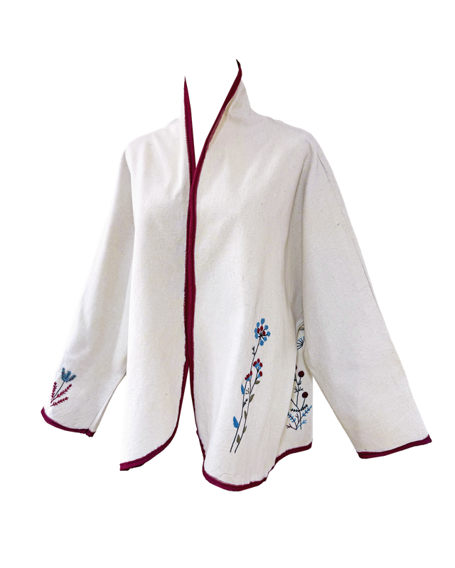 Nadia Dajani x UNHCR Abstract Floral Round Jacket with Burgundy Trim in White
