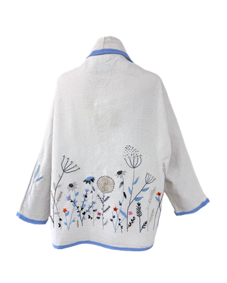 Nadia Dajani x UNHCR Abstract Floral Round Jacket with Baby Blue Trim in White