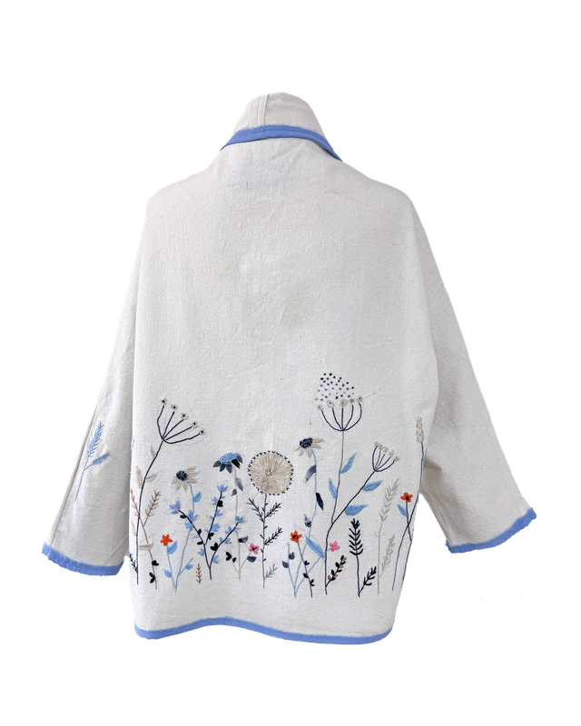 Nadia Dajani x UNHCR Abstract Floral Round Jacket with Baby Blue Trim in White