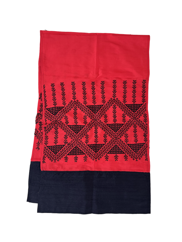 The Embroidered Double Width Thai Silk Scarf in Red with Black Trim