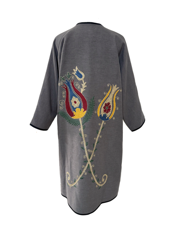 Abaya with Ottoman Tulip Embroidery in Grey, Beige and Black