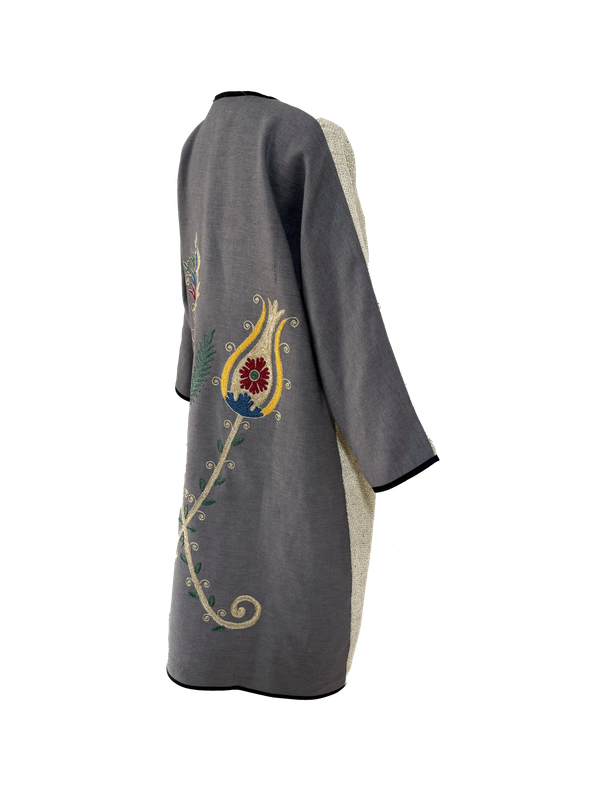 Abaya with Ottoman Tulip Embroidery in Grey, Beige and Black