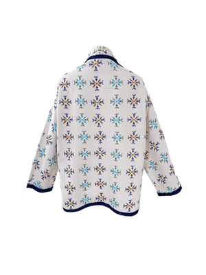 The Heavily Embroidered Round Jacket in White with Navy Trim
