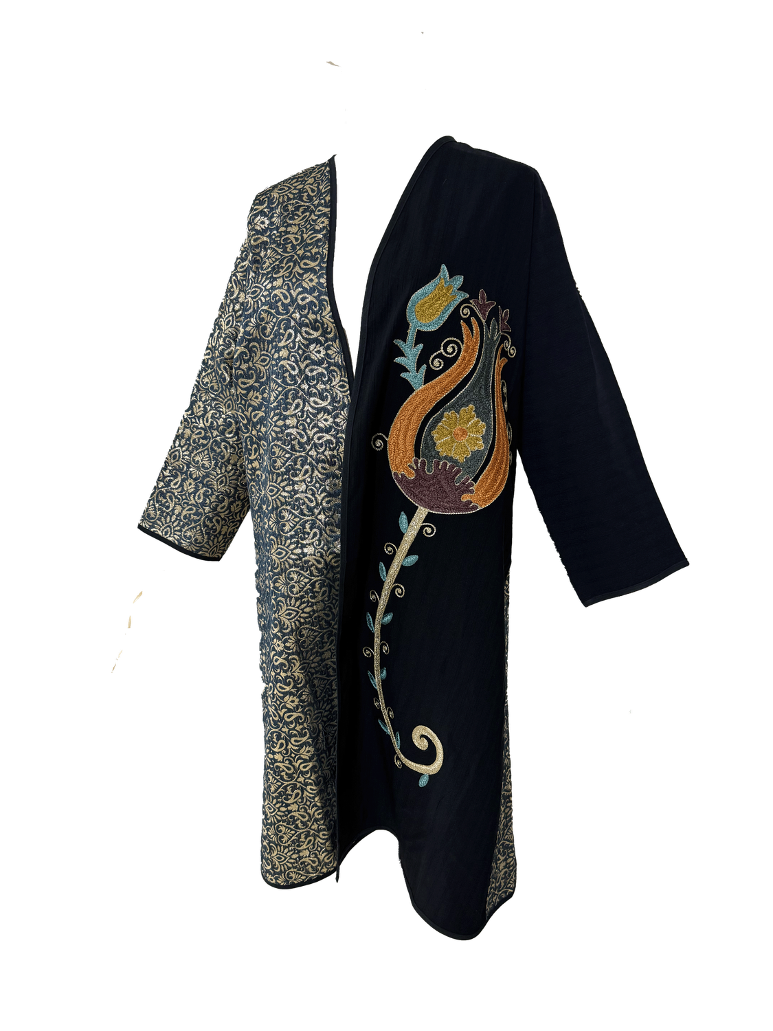 Abaya with Ottoman Tulip Embroidery in Black and Gold