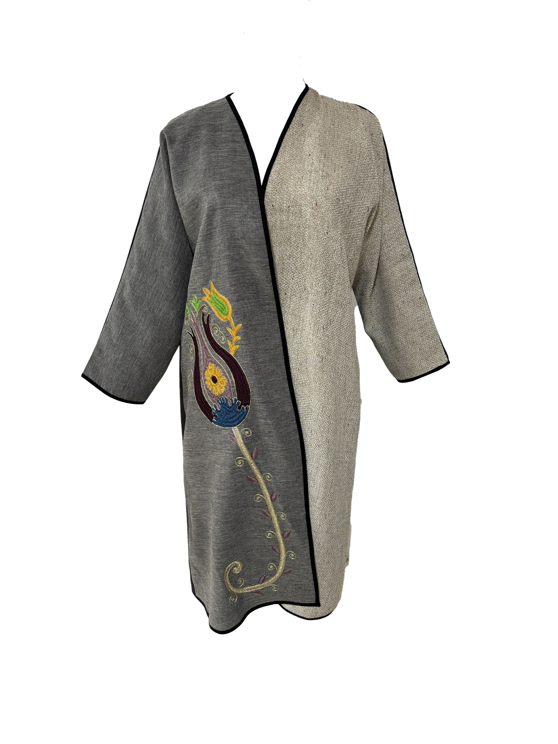 Abaya with Tulip Embroidery in Grey, Beige and Black