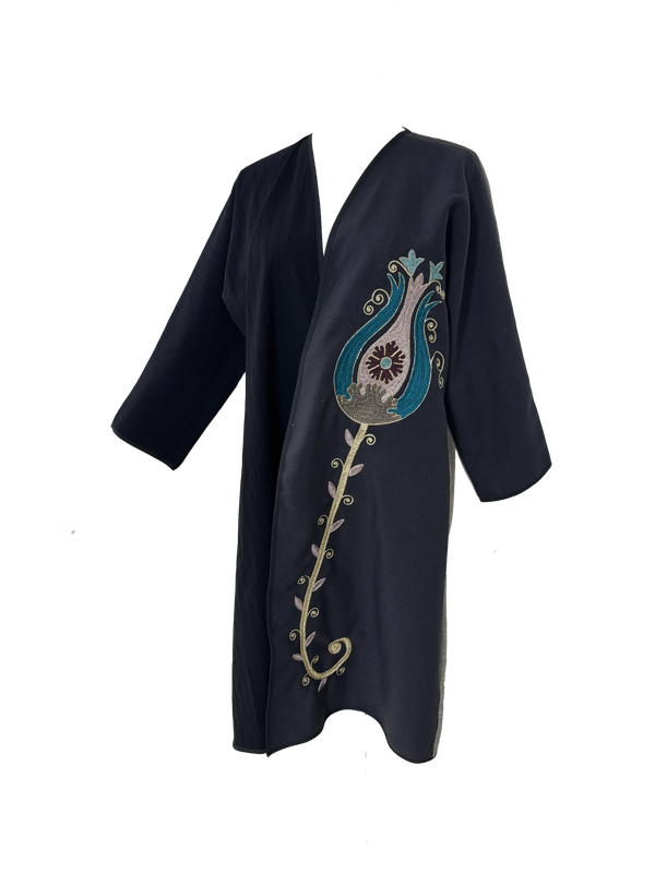 Abaya with Ottoman Tulip Embroidery in Grey and Black