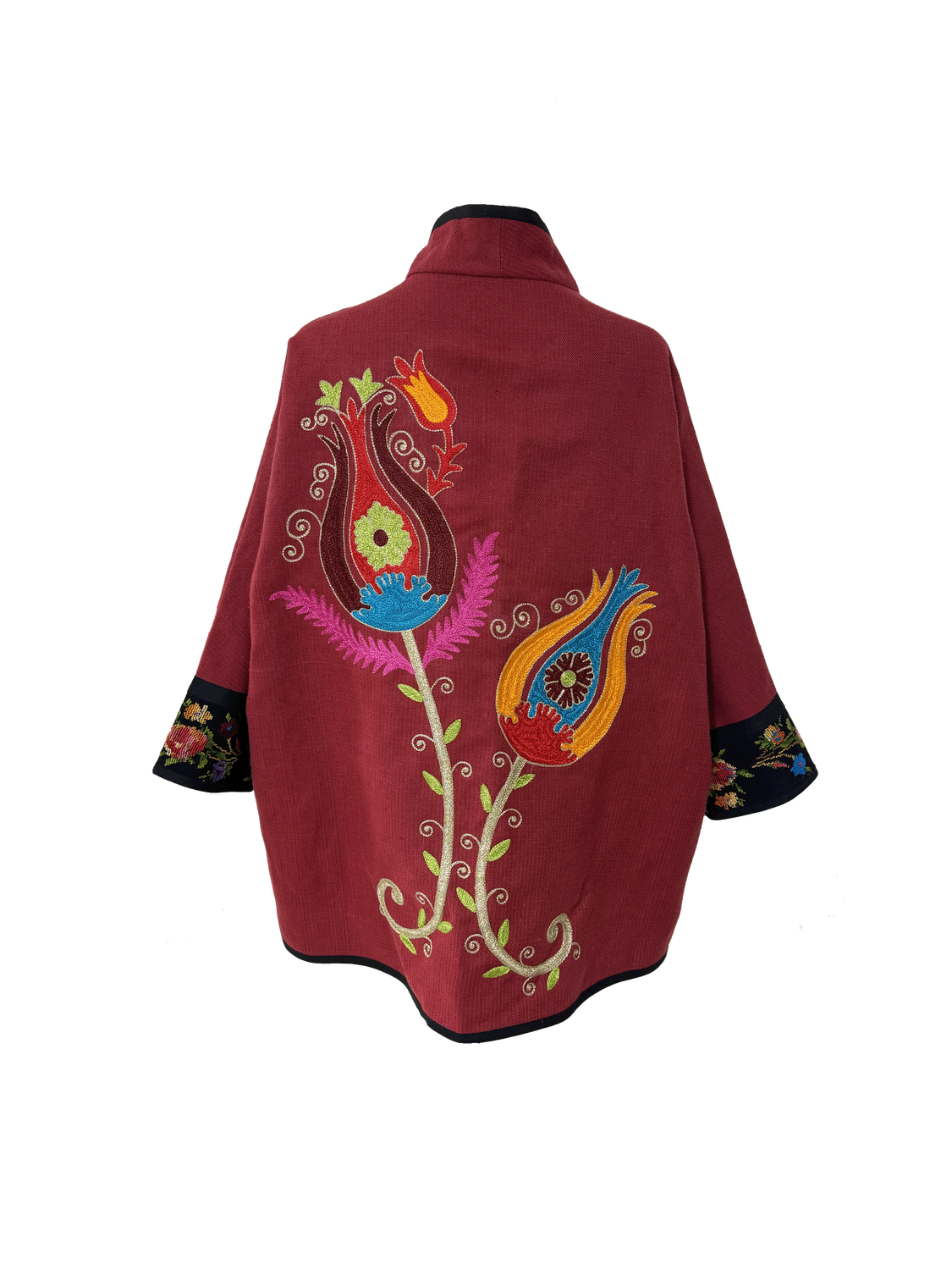 The Brick Red Round Jacket With Tulip Embroidery