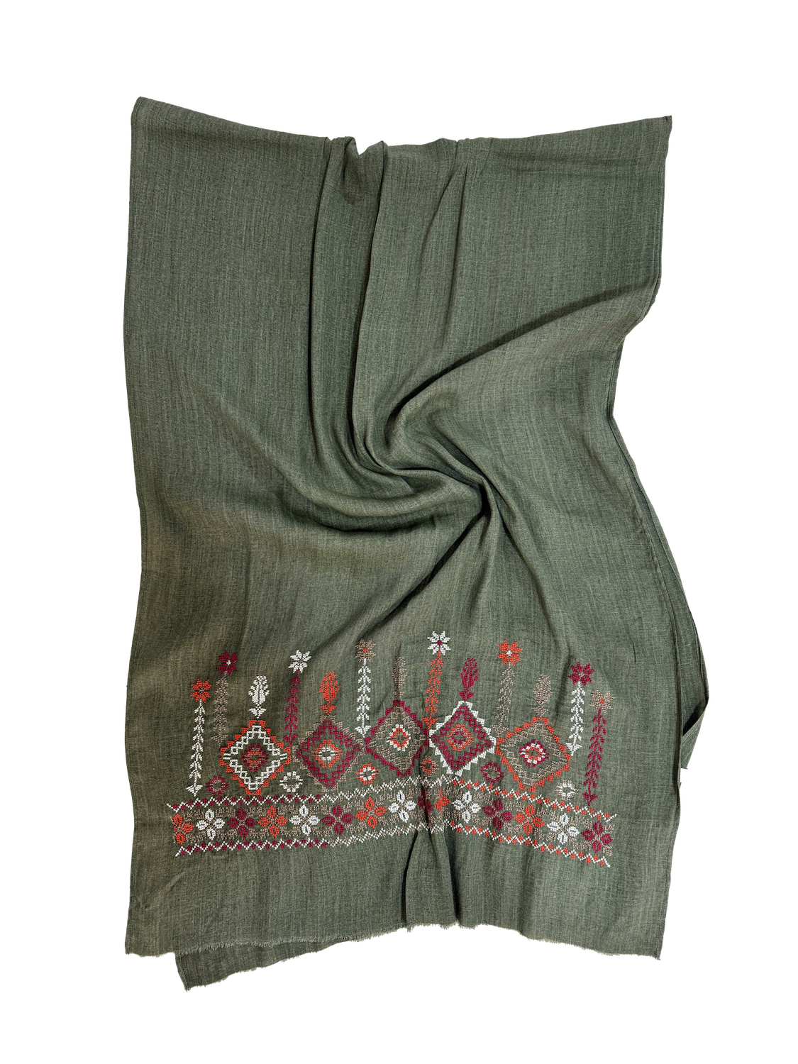 Olive Green Medium Embroidered Scarf