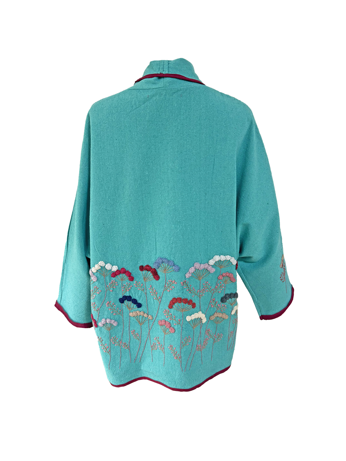 Nadia Dajani x UNHCR Abstract Floral Round Jacket in Turquoise with Burgundy Trim