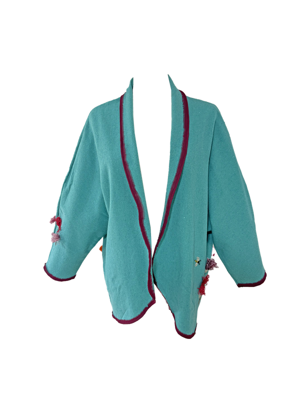 Nadia Dajani x UNHCR Abstract Floral Round Jacket in Turquoise with Tassels and Burgundy Trim