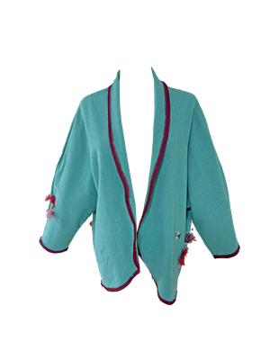 Nadia Dajani x UNHCR Abstract Floral Round Jacket in Turquoise with Tassels and Burgundy Trim