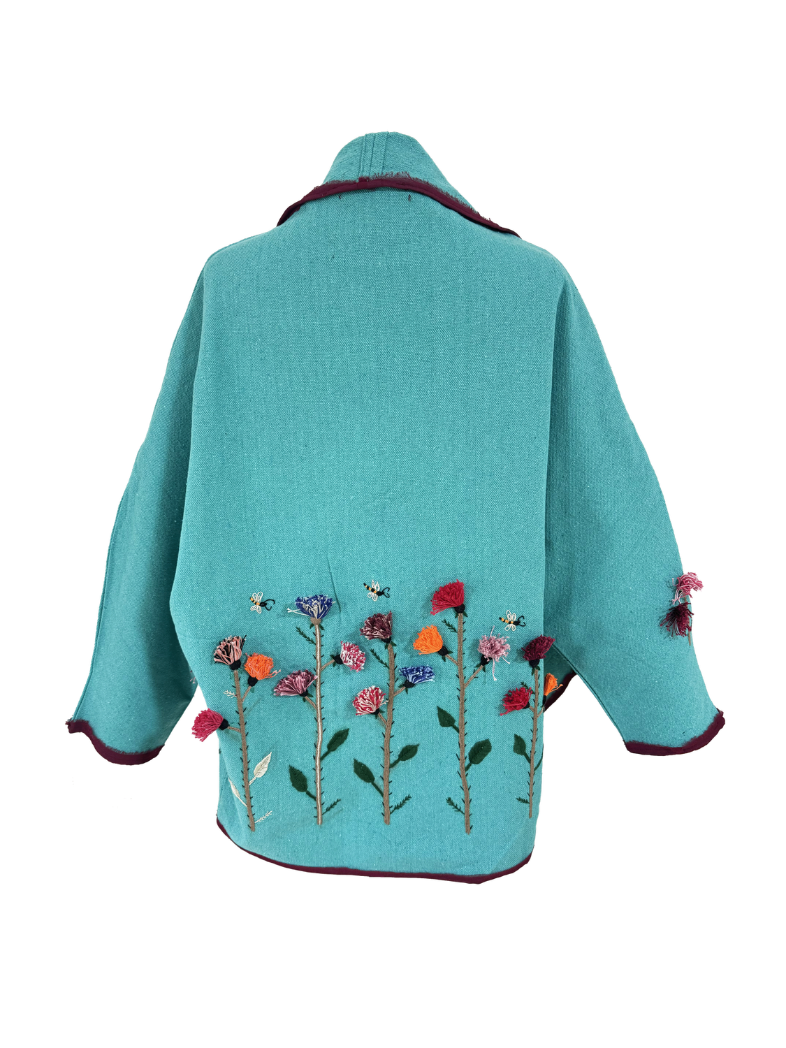 Nadia Dajani x UNHCR Abstract Floral Round Jacket in Turquoise with Tassels and Burgundy Trim