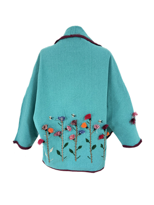 Nadia Dajani x UNHCR Abstract Floral Round Jacket in Turquoise with Tassels and Burgundy Trim