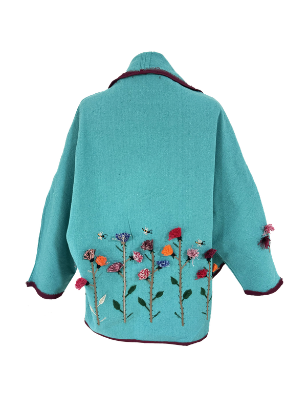 Nadia Dajani x UNHCR Abstract Floral Round Jacket in Turquoise with Tassels and Burgundy Trim
