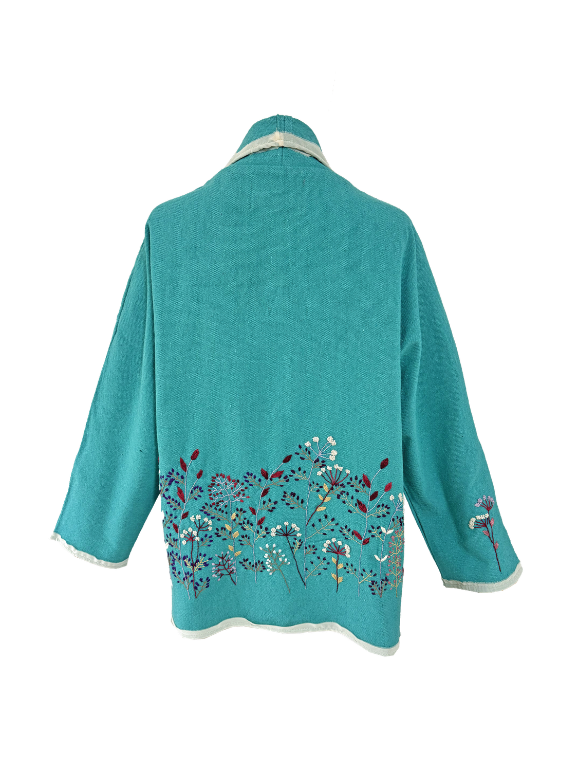Nadia Dajani x UNHCR Abstract Floral Round Jacket in Turquoise with White Trim