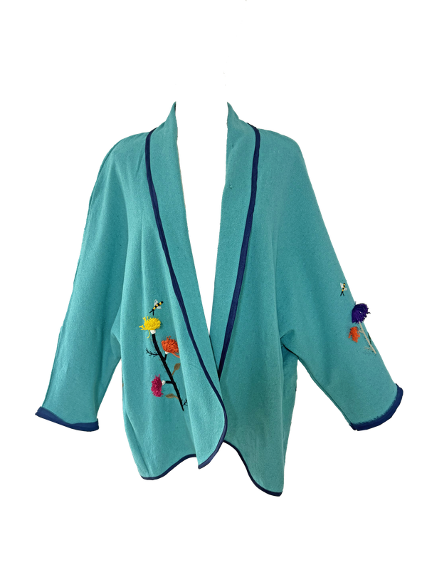 Nadia Dajani x UNHCR Abstract Floral Round Jacket in Turquoise with Navy Blue Trim