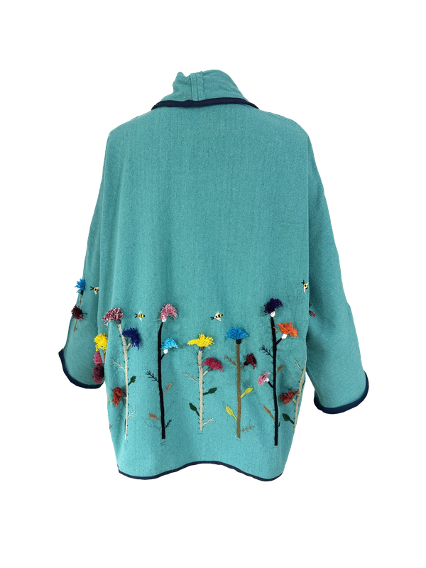 Nadia Dajani x UNHCR Abstract Floral Round Jacket in Turquoise with Navy Blue Trim