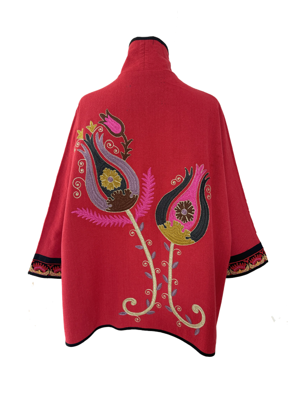 The Bright Red Round Jacket With Tulip Embroidery