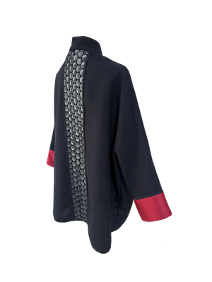 The Round Jacket in Black Cotton with Thai Silk Cuffs