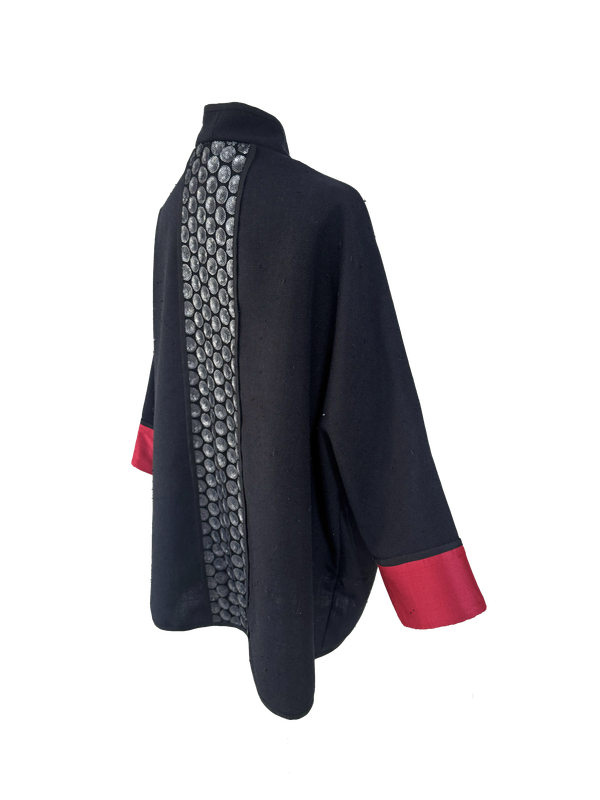 The Round Jacket in Black Cotton with Thai Silk Cuffs