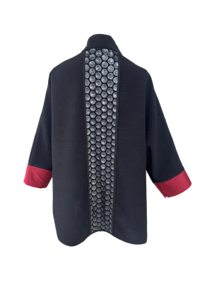 The Round Jacket in Black Cotton with Thai Silk Cuffs