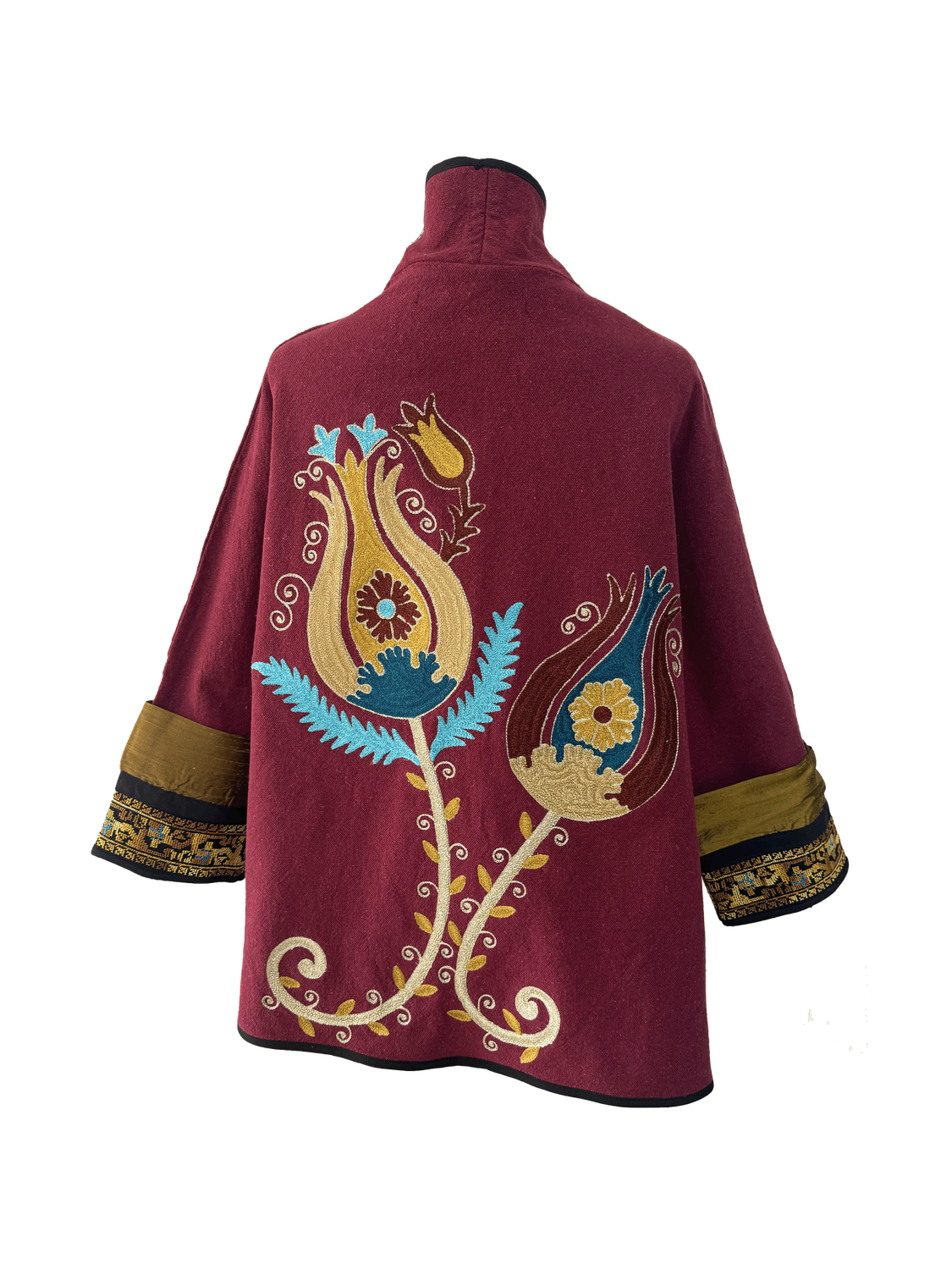 The Burgundy Round Jacket with Tulips and Antique Embroidery on the Cuffs