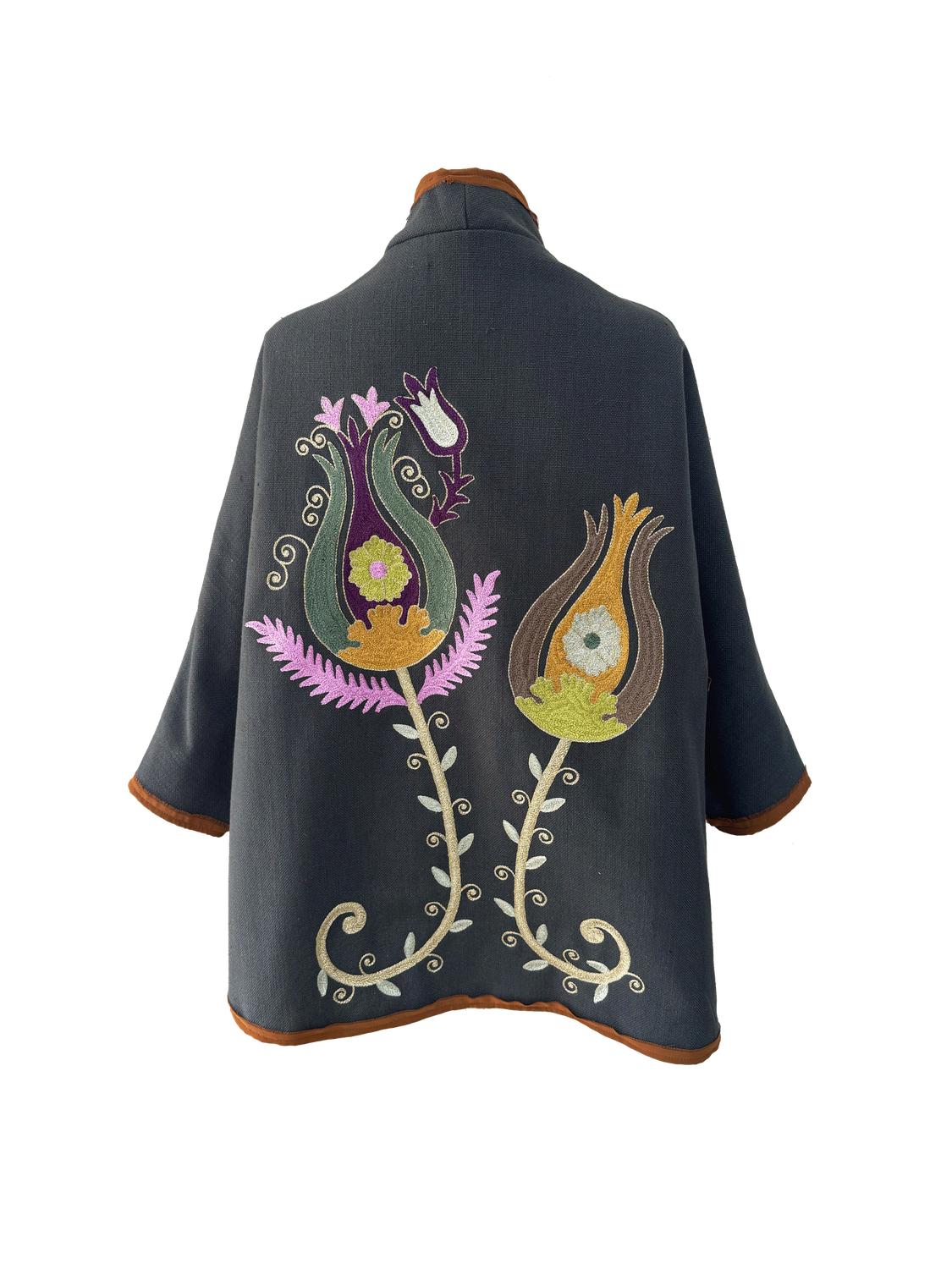 The Dark Grey Round Jacket With Aghabani Embroidery and Orange Trim