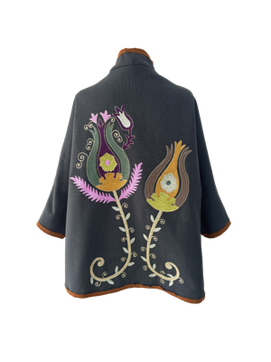 The Dark Grey Round Jacket With Aghabani Embroidery and Orange Trim