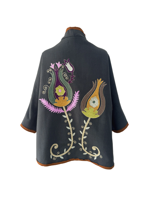 The Dark Grey Round Jacket With Aghabani Embroidery and Orange Trim
